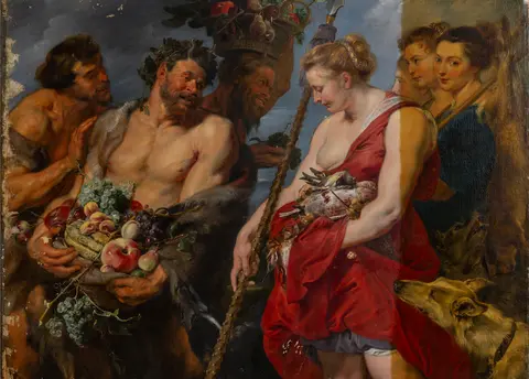 Gemälde mit mehreren Frauen und Satyrn